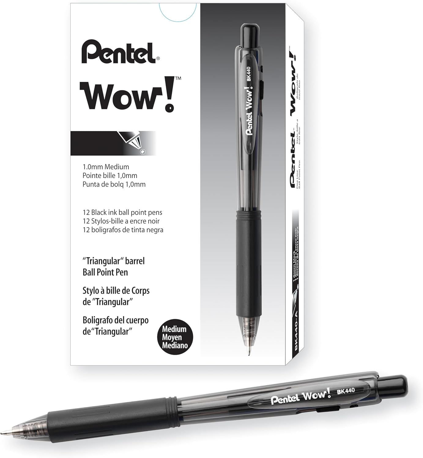 Pentel Wow! Retractable Ballpoint Pen, (1.0mm), Medium Line, Black Ink, Box of 12(BK440-A)