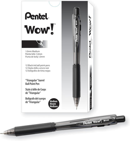 Pentel Wow! Retractable Ballpoint Pen, (1.0mm), Medium Line, Black Ink, Box of 12(BK440-A)