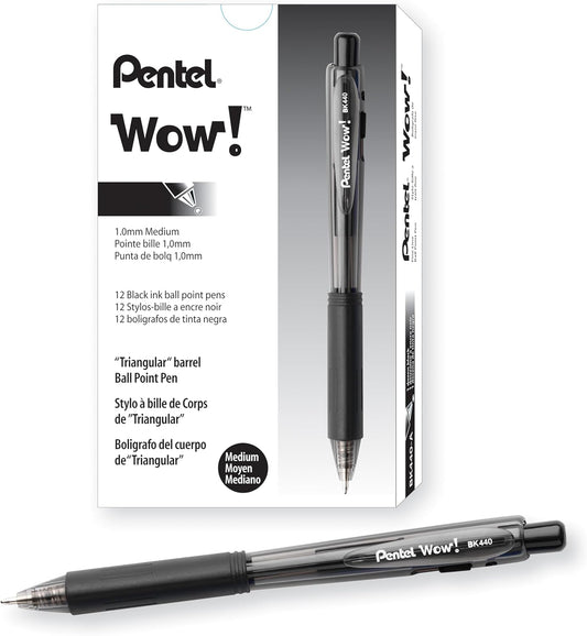 Pentel Wow! Retractable Ballpoint Pen, (1.0mm), Medium Line, Black Ink, Box of 12(BK440-A)