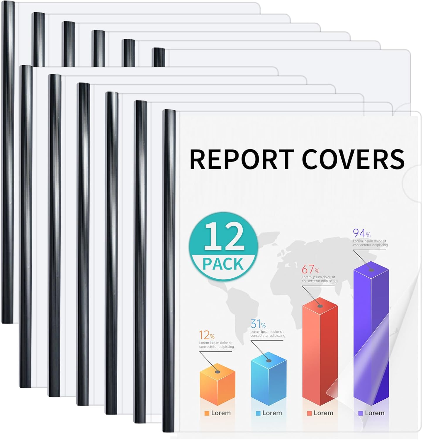 Binditek 12 Pack Clear Report Covers with Black Sliding Bars, 70 Sheet Capacity, 9mm Binding Bars, Letter Size, 5.5 Mil Thick, Black, for Students and Coworkers