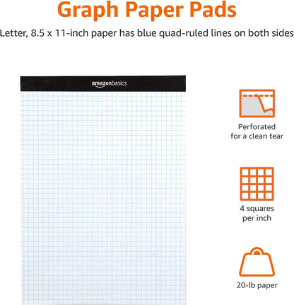 Amazon Basics Quad-Ruled Graph Paper Pad with Sturdy Back, Perforated, 8.5" x 11.75", White, 100 Sheets/Pad, 2-Pack