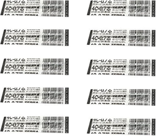 10pcs Zebra 4C-0.7 0.7mm Refill (Box Set) - Black Ink