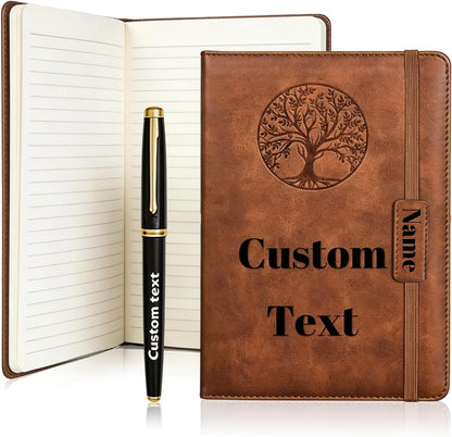 Personalized Text A5 Lined Journal Notebook for Men Women Custom Leather Journal Life Tree Notepad Gift to Writing Travel Business Work School College (Custom notebook - 4)