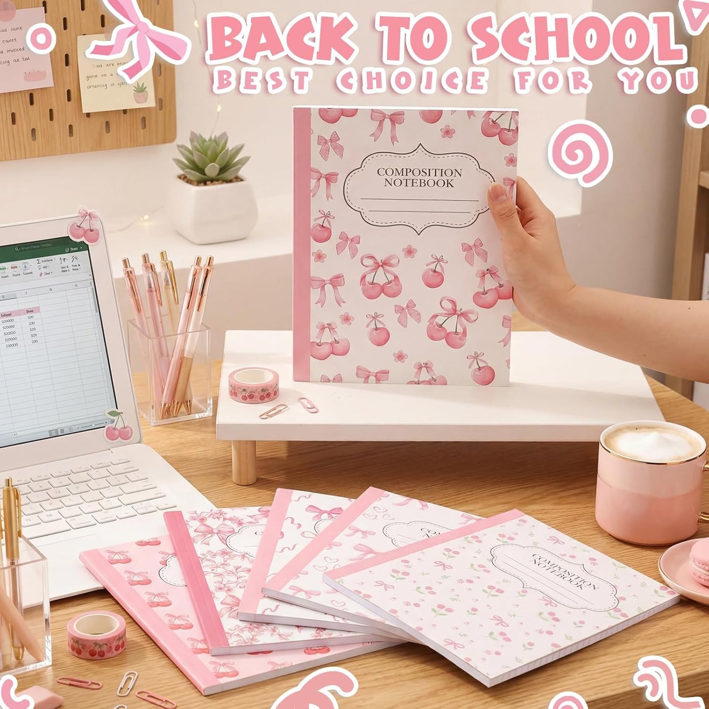 Fullhawl 6 Pcs Bow Composition Notebooks, Preppy Coquette Notebook College Ruled Journal, 110 Page, Cute Back to School Gift for Teacher, Student, First Day of Schooll(Pink,9-3/4 x 7-1/2")