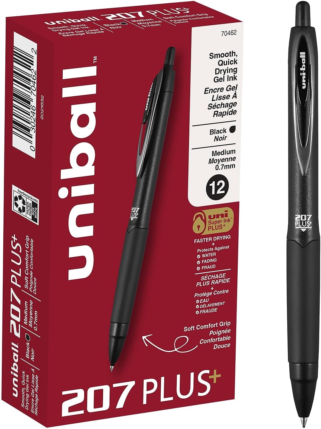 uniball 207 Plus+ Retractable Gel Pens, Medium Point (0.7mm), Black, 4 Pack