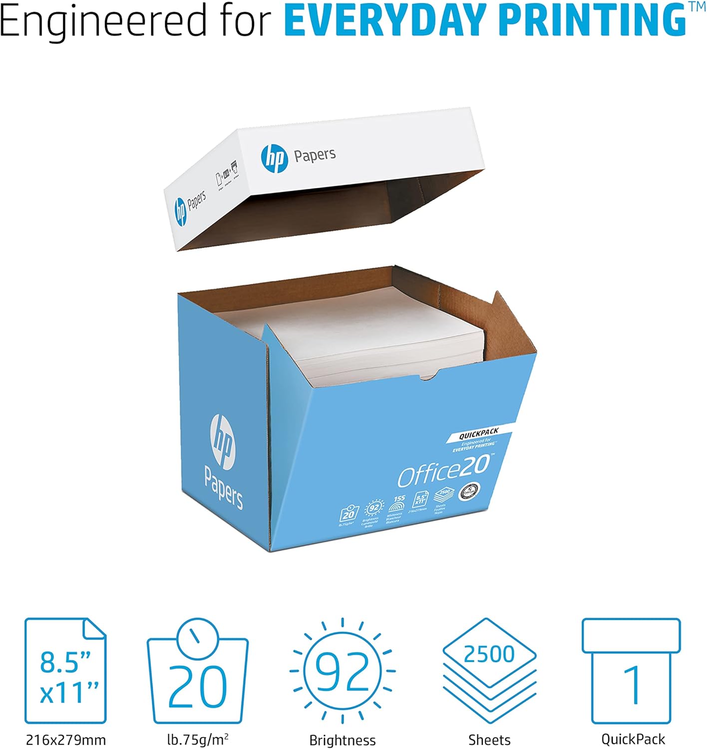 HP Printer Paper | 8.5 x 11 Paper | Office 20 lb | 3 Ream Case - 1500 Sheets | 92 Bright | Made in USA - FSC Certified | 112090C, White