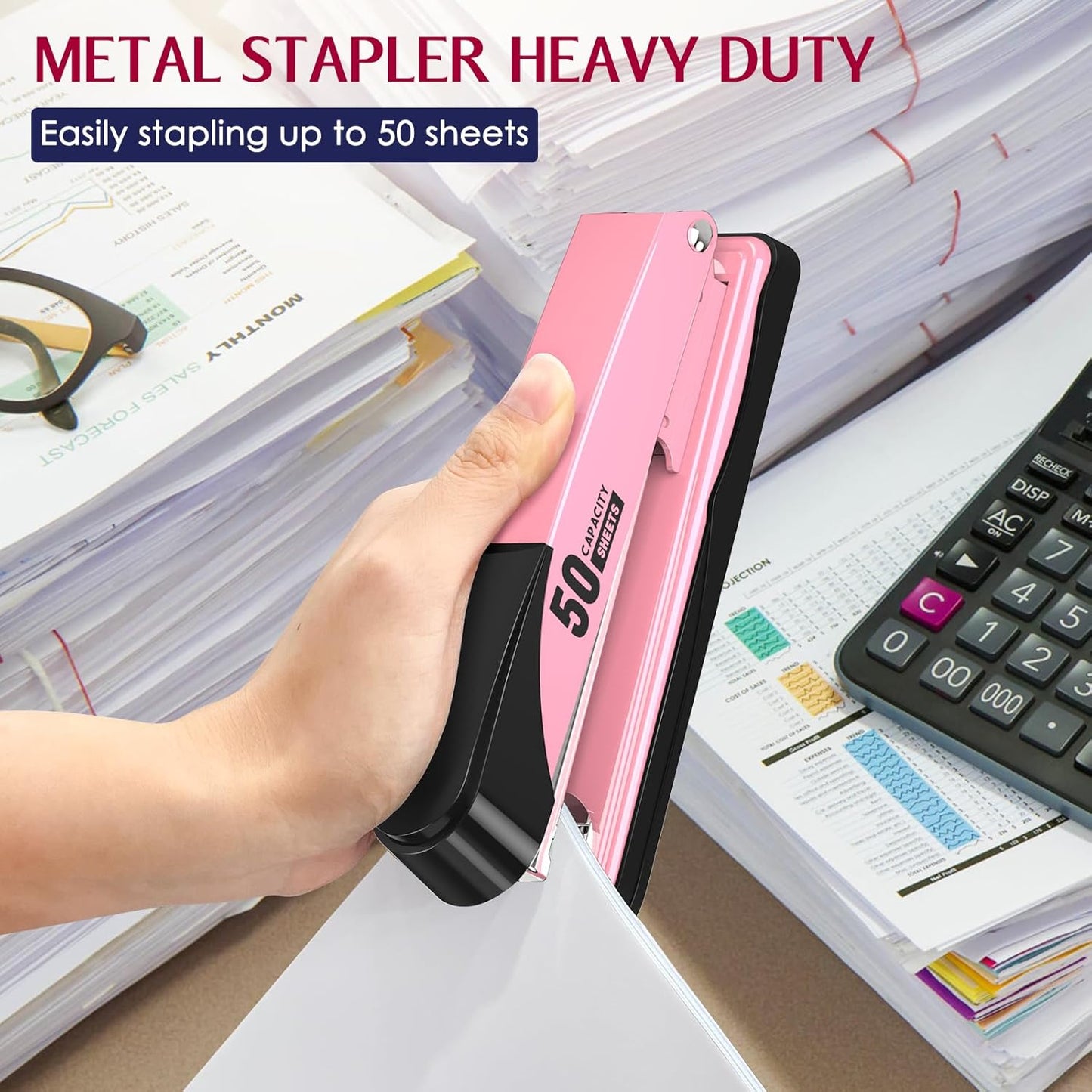 Metal Stapler Heavy Duty 50 Sheet Capacity with 1750 Staples and Staple Remover, Full Strip Staplers for Desk, No Jam, Non-Slip for Office & Classroom, Black
