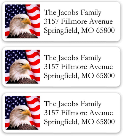 Return Address Labels American USA Flag & Eagle - Custom Mailing Return Address Labels/Stickers for Envelopes, Easy Peel and Stick, Permanent Rectangle Labels (White) Made in The USA (Set of 60)