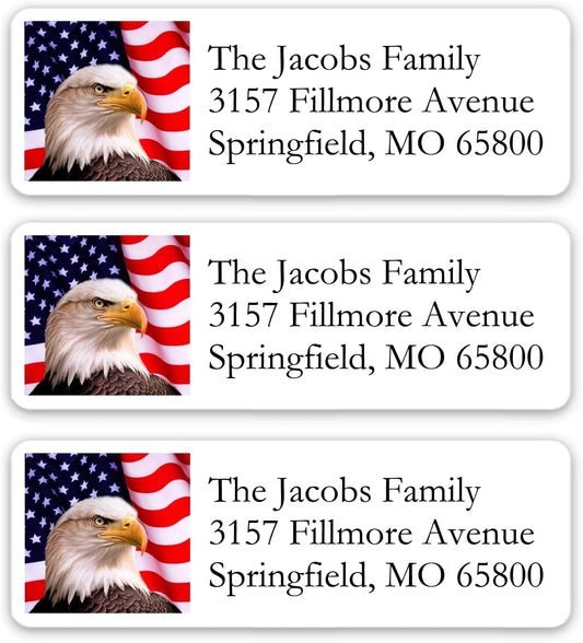 Return Address Labels American USA Flag & Eagle - Custom Mailing Return Address Labels/Stickers for Envelopes, Easy Peel and Stick, Permanent Rectangle Labels (White) Made in The USA (Set of 60)