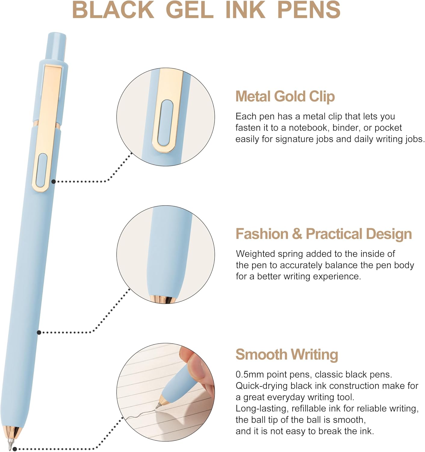 Linbsunne Gel Pens Black Ink Pens for Office 0.5mm Fine Point Pen Smooth Writing Retractable (Metal gold clip-10 pcs)
