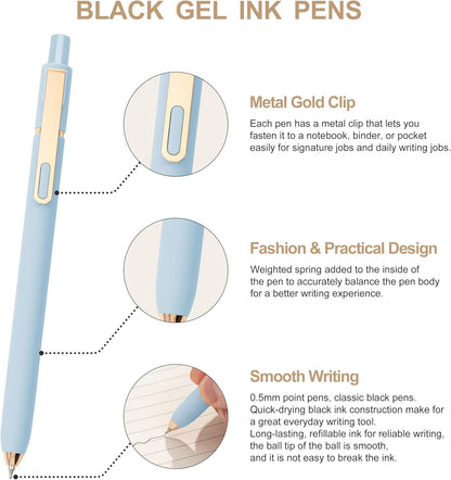Linbsunne Gel Pens Black Ink Pens for Office 0.5mm Fine Point Pen Smooth Writing Retractable (Metal gold clip-10 pcs)