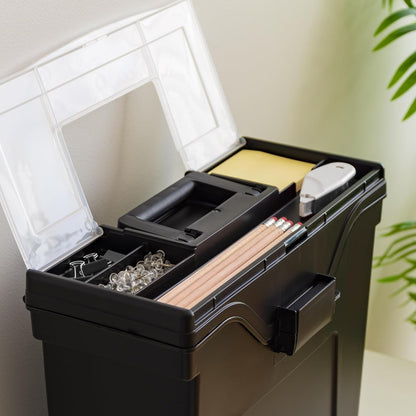 IRIS USA File Box with Lid File Organizer for Letter File w/Organizer-Lid, Plastic Mobile Filing Organizer, Water Resistant Document Box, Portable File Box with Handle, Secure Buckle, Lockable, Black