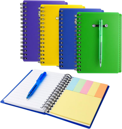 Coopay 4 Pieces Spiral Notebook Steno Pocket Notepad with Pen in Holder and Sticky Notes, Page Marker Index Tabs Flags Making Plans Writing Memos Office School Supplies (Yellow, Blue, Purple, Green)