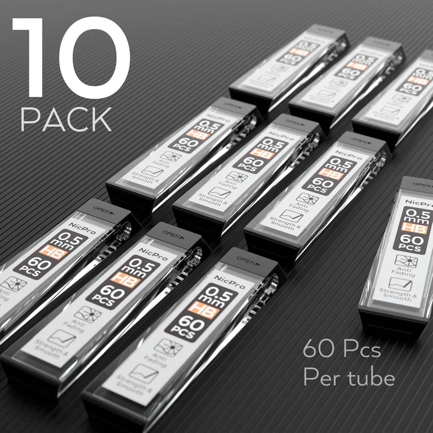 Nicpro 600 PCS Lead Refills 0.5mm HB #2 Break Resistant Mechanical Pencil Refills 0.5 mm, 60 Pack Per Tube, 10 Tubes