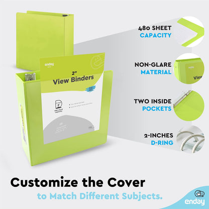 3 Inch Binder 3 Ring Binders Green, Slant D-Ring 3” Clear View Cover with 2 Inside Pockets, Heavy Duty Colored School Supplies Office and Home Binders – By Enday