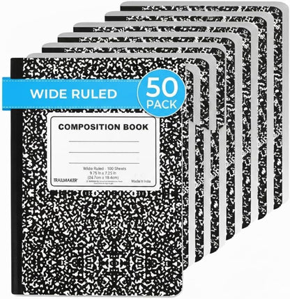 Trail maker (50 Pack Bulk Composition Notebooks, Wide Ruled Marble Cover, 200 Pages (100 Sheets), 9.75 x 7.5, Bulk School Supplies for Classroom, Office & School Donations