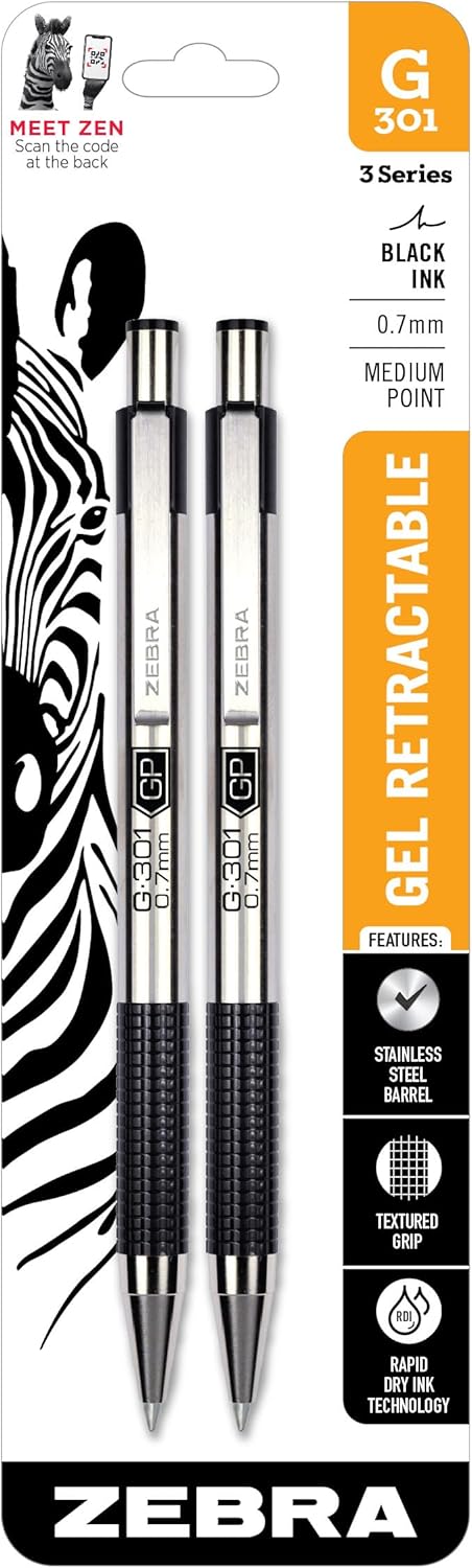 Zebra Pen G-301 Retractable Gel Pen, 0.7mm Medium Point, Stainless Steel Barrel, Textured Grip, Easy Glide Ink Provides a Smooth and Skipless Writing Experience, Black Ink, 12-Pack (41310)