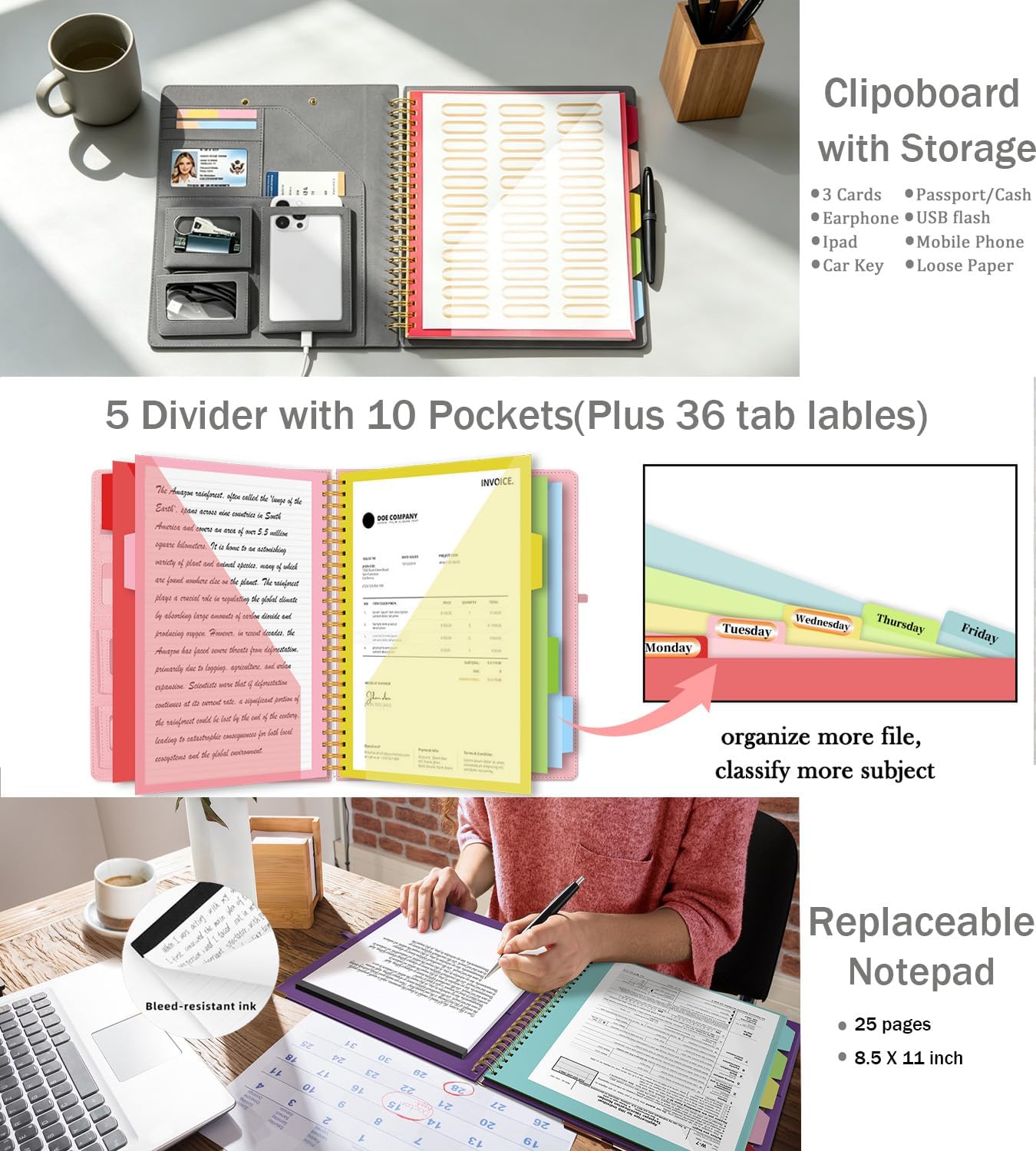 Grey Foldable Spiral Clipboard Folio with Storage Zipper Pouch, 5 Plastic Folders with Pockets,Refillable Lined Notepad (8.5" x 11"), Hardcover Project Organizer with 39 Stickers