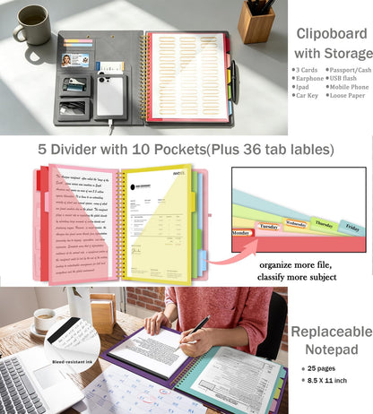 Grey Foldable Spiral Clipboard Folio with Storage Zipper Pouch, 5 Plastic Folders with Pockets,Refillable Lined Notepad (8.5" x 11"), Hardcover Project Organizer with 39 Stickers