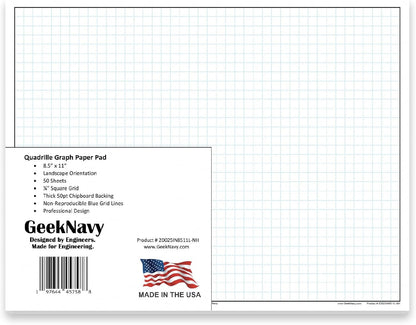 GeekNavy 11" x 17" Quadrille Graph Paper 50 Sheets Landscape - 0.25" 4x4 Square Grid, Blueprint, High Brightness, Border-Outlined, Large Drafting (1-Pack)