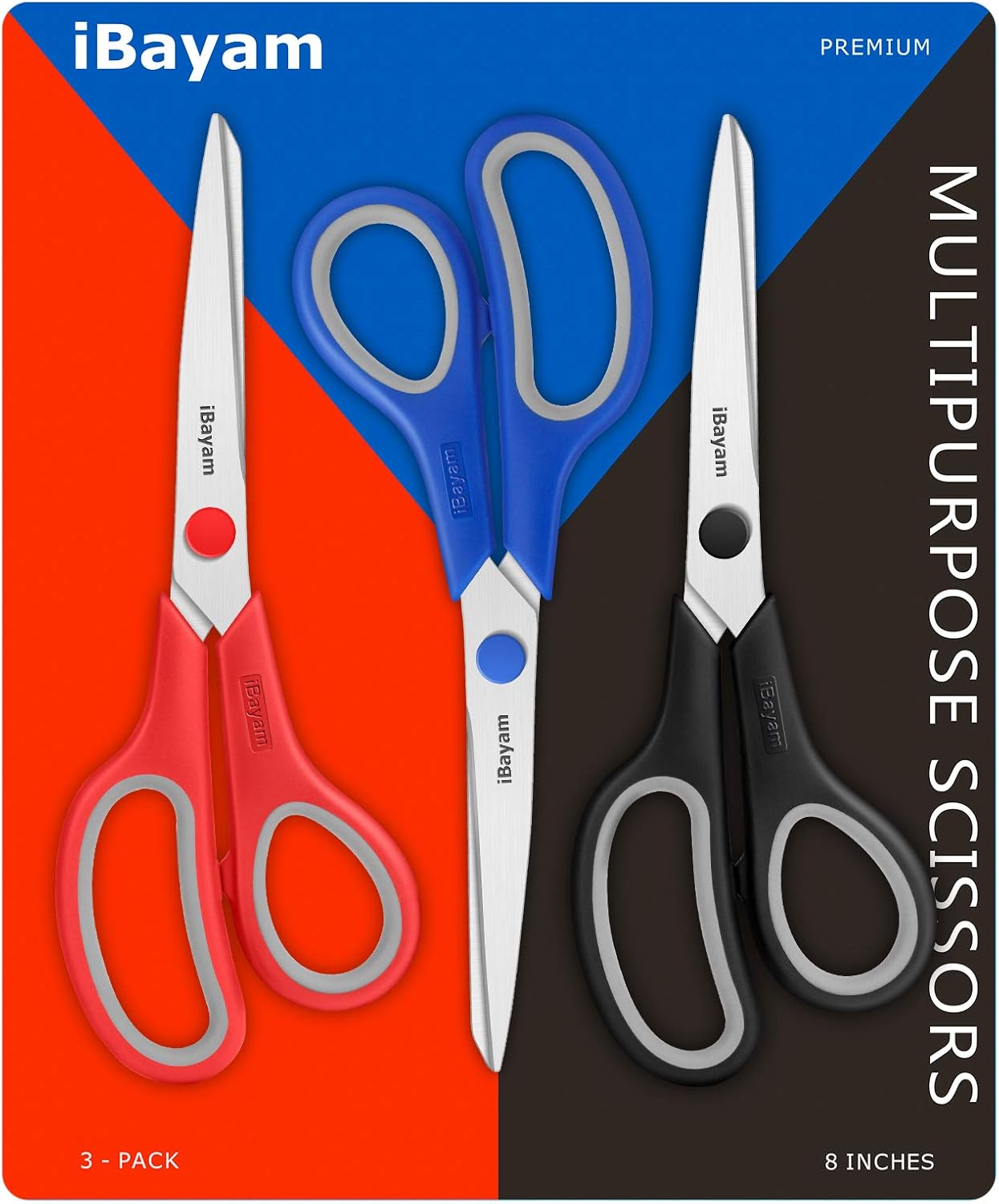 Scissors, iBayam 8" All Purpose Scissors Bulk 3-Pack, Ultra Sharp 2.5mm Thick Blade Shears Comfort-Grip for Aesthetic Fun Cute School Office Teacher Desk Crafts and Art Supplies Accessories Essential