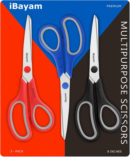 Scissors, iBayam 8" All Purpose Scissors Bulk 3-Pack, Ultra Sharp 2.5mm Thick Blade Shears Comfort-Grip for Aesthetic Fun Cute School Office Teacher Desk Crafts and Art Supplies Accessories Essential