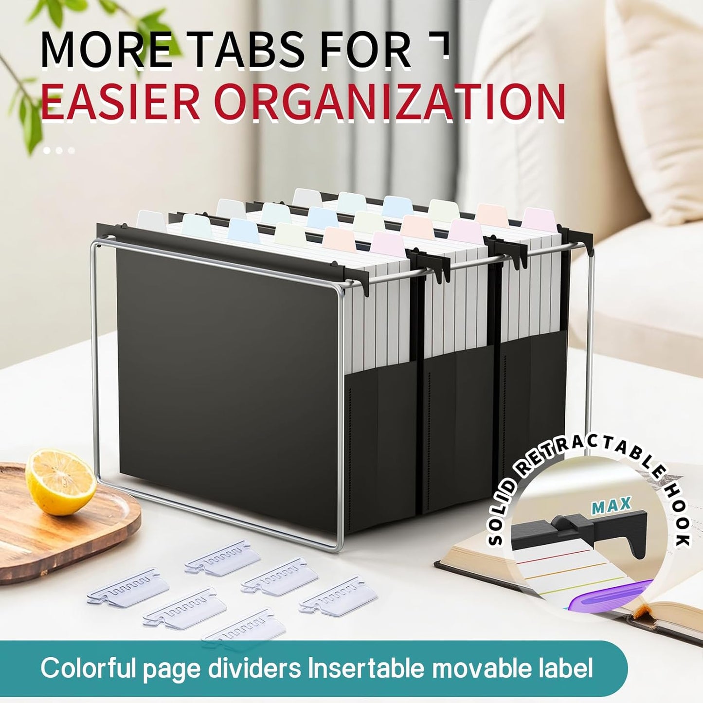 Uquelic Plastic Hanging File Folders Letter Size, 12 Pack Reinforced Heavy Duty Hang Folder with Movable Bright Dividers, Adjustable Tabs, 2" File Organizer for Filing Cabinet, School, Office