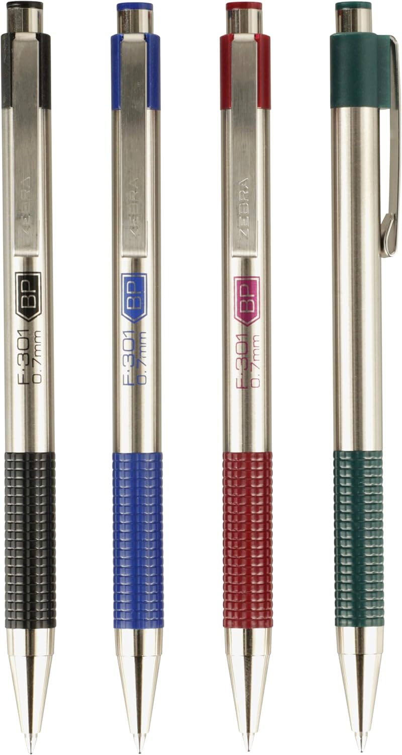 Zebra Pen F-301 Ballpoint Black, Blue, Red and Green Ink, Fine Point 0.7mm Pen, Easy-Glide Ink, Stainless Steel Retractable, Non-Slip Grip, Professional Design, Ideal for Office, 4-Pack (27174)