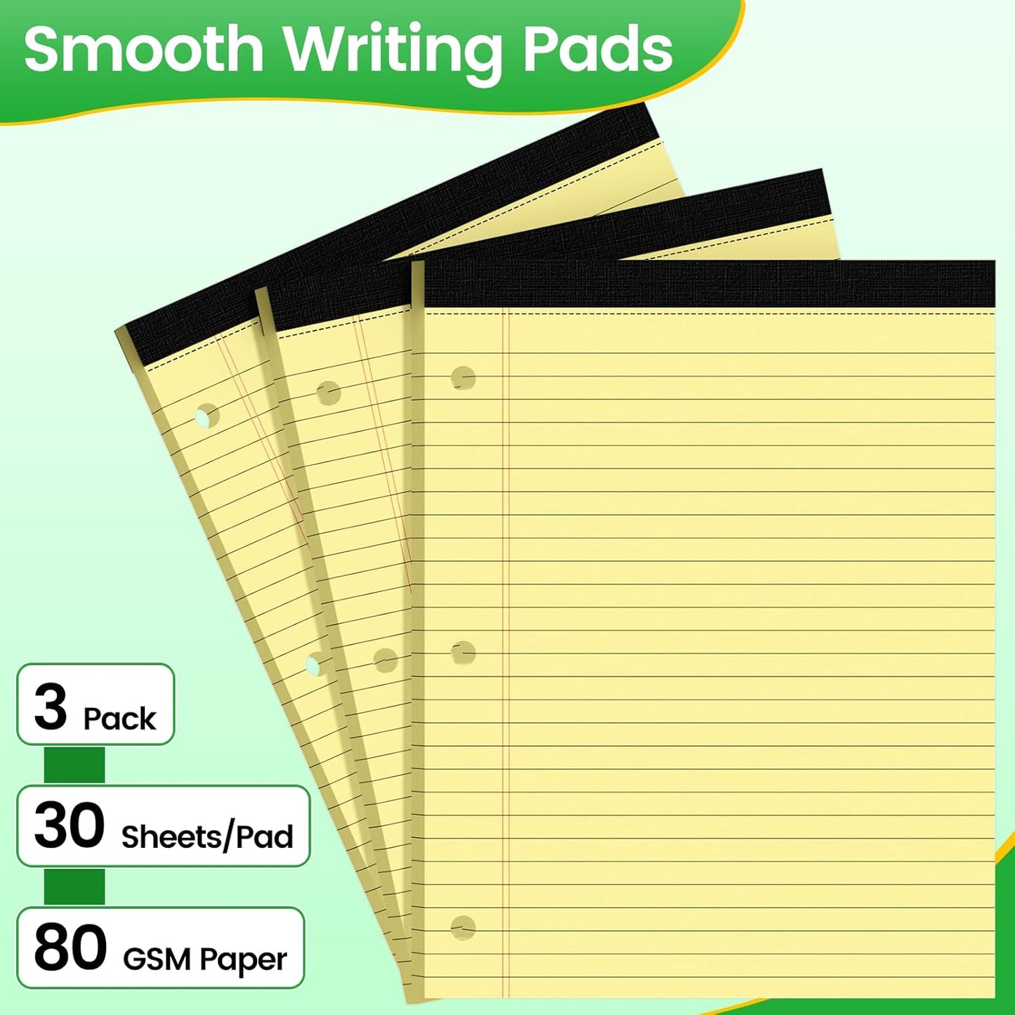 3 Hole Legal Pad 8.5 x 11, 3 Pack White Note Pads, Notebook Paper Wide Ruled, Writing Paper Pads, Notepads with Binder Holes, Lined Paper 8.5x11, Ideal for School, Home, Office, 30 Sheets/Pack