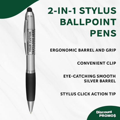 DISCOUNT PROMOS Custom Stylus Ballpoint Pens Set of 10/50/100, Personalized Bulk Pack - Black Ink, Great for Office, School, Business, Tradeshows, Events - Purple