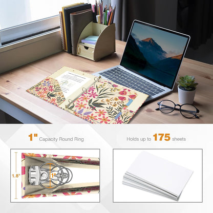 Ospelelf Binder 3 Ring 1 Inch, Floral Round Ring Clipboard Binder for Letter Size with 5 Tab Dividers, File Folder Labels, for School and Office Supplies