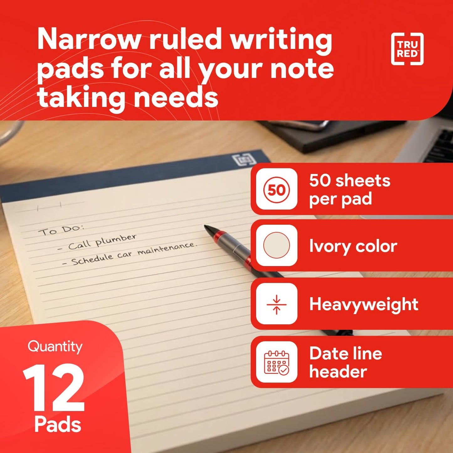 TRU RED Notepads, 8.5” x 11.75”, Narrow Ruled, Ivory, Perforated, 12‑Pack