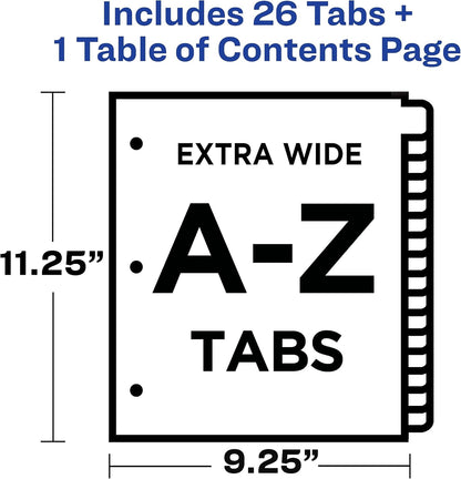 Avery Extra-Wide Dividers for 3 Ring Binders, 26 Tabs per Set, Customizable Table of Contents, Multicolor Tabs, Works Great with Sheet Protectors (11166)