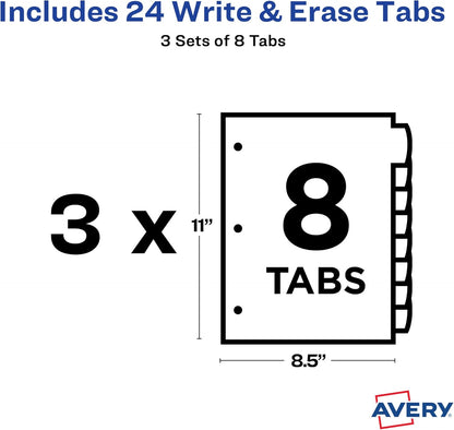 Avery Big Tab Write & Erase Durable Plastic Dividers, 8-Tab Set, Multicolor Brights, 3 Sets (21210)