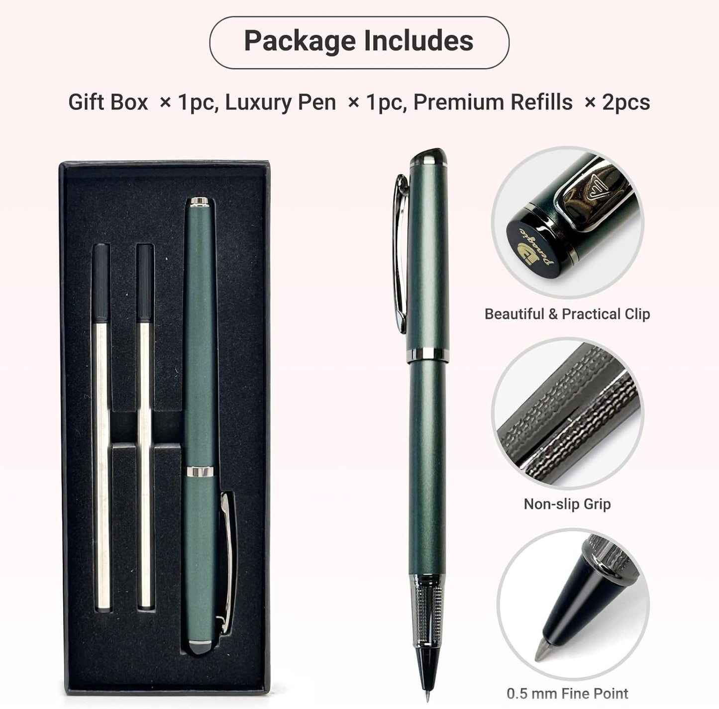 Penagic Luxury Rollerball Pen, Black Ink, Fine Point, Unisex, Professional Writing Pen, Set of 1 with 2 Refills