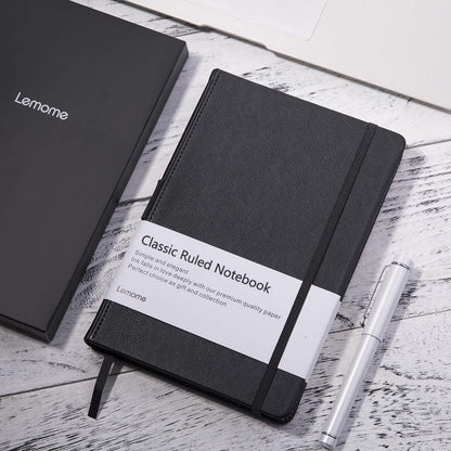 Lemome Thick Classic Notebook with Pen Loop A5 College Ruled Hardcover Writing Notebook with Pocket + Page Dividers Gifts, Banded, Large, 180 Pages, 8.4 x 5.7 in