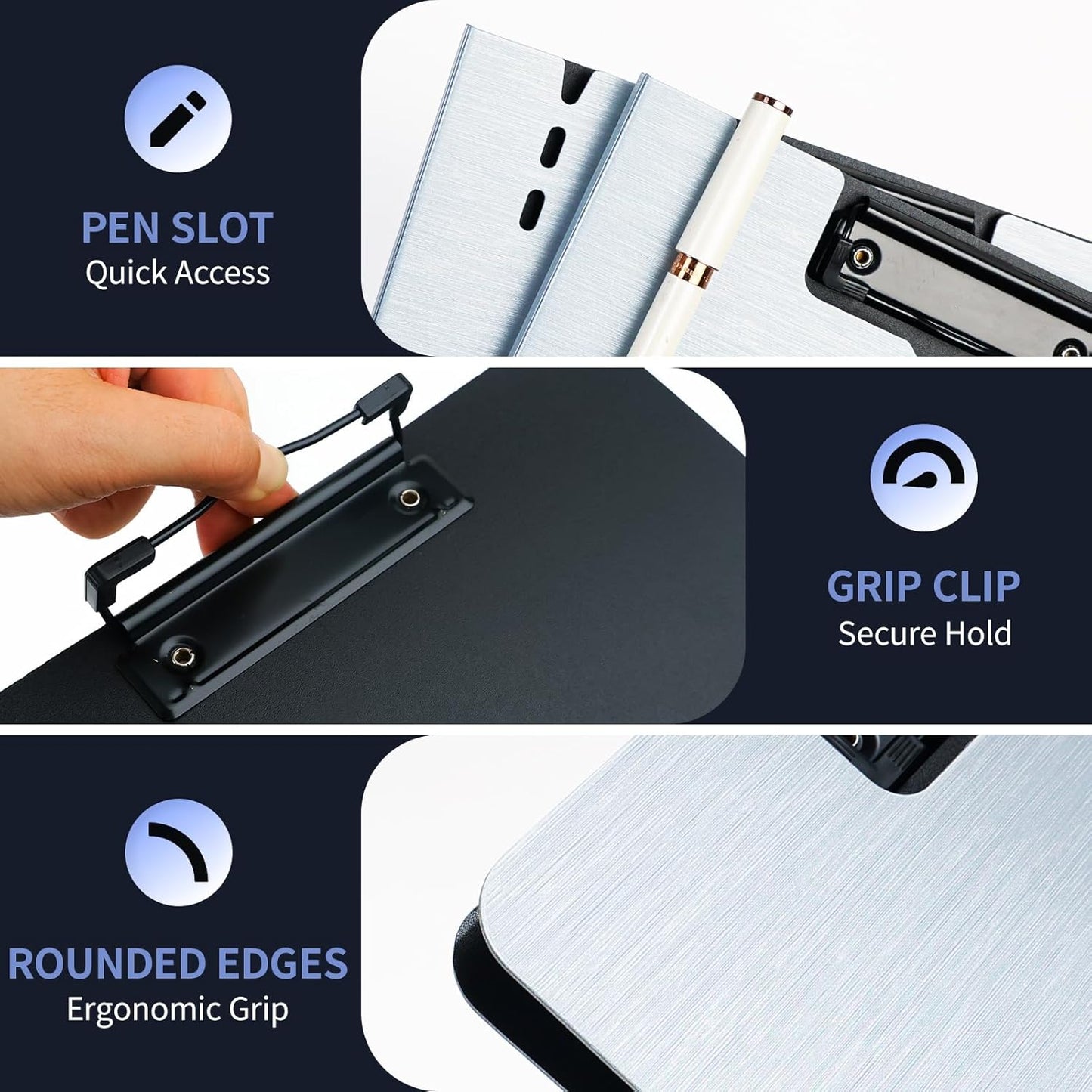 Clipboard Folder, with Dual Metal Clips, Embossed-Texture, Folding 360° Rotating, Nursing Clipboard for Letter and A4, Pen Holder (Silver, 2)