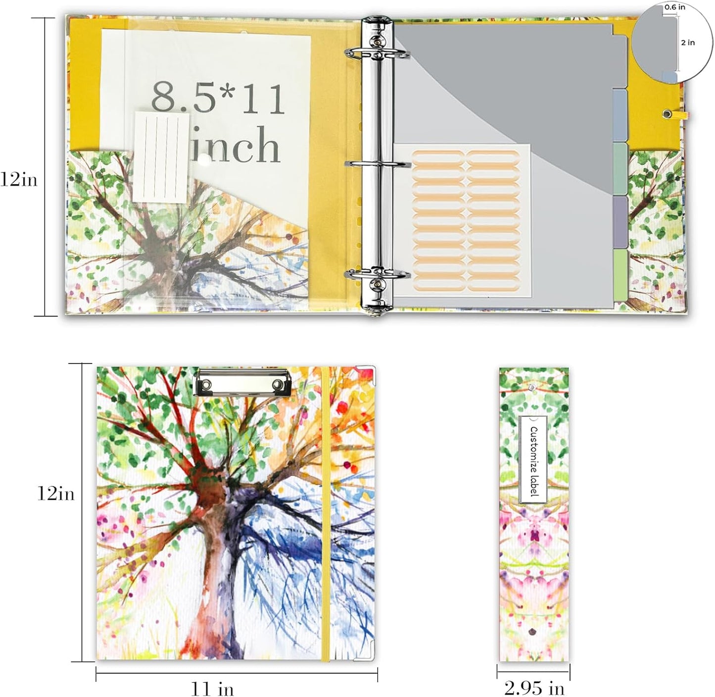 3 Ring Binder 1 Inch, Three Ring Binders Organizer with Clipboard, 5-Tabs Pockets Dividers, Plastic Folder, 18 Divider Stikers, BVSSX Pretty Binder with Pen Loop (Black Weeds, Letter Size)