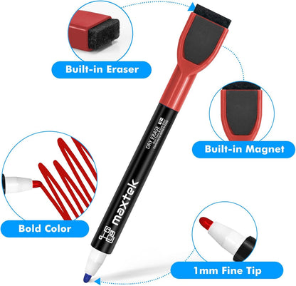 maxtek Magnetic Black Dry Erase Markers, 6 Count Fine Tip Whiteboard Markers with Eraser, Thin Markers Low Odor for Classroom, Office, Home