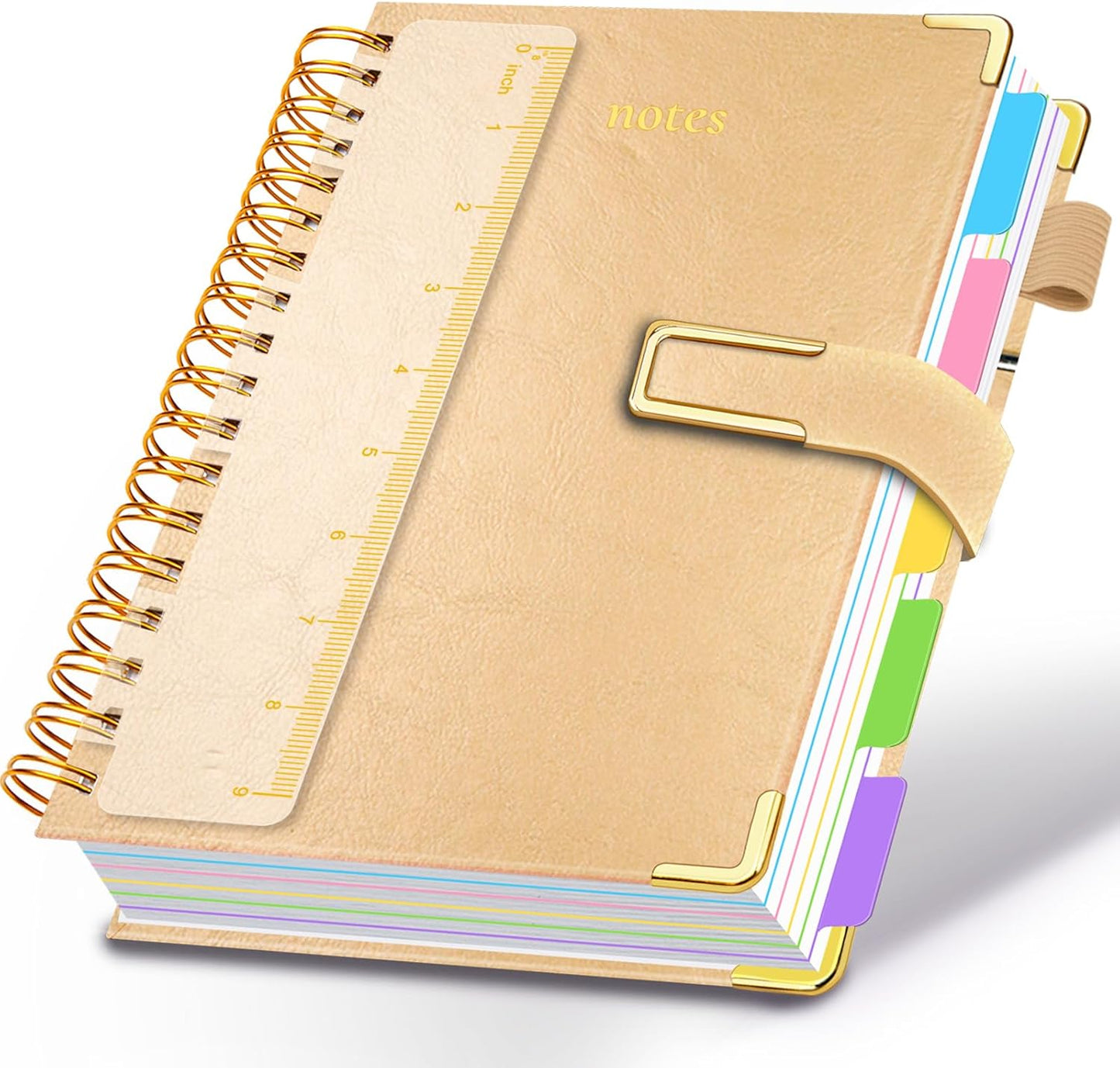 Hardcover Spiral Notebook College Ruled, 8"x10" Leather Journal Notebook with Magnetic Closure, 300 Pages 5 Subject Notebook with Dividers Tabs Journal for Women Men, Work, School(Rose Red)