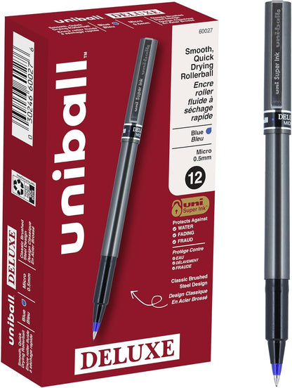 uni-ball® Deluxe Rollerball Pens, Micro Point, 0.5 mm, Graphite Barrel, Black Ink, Pack Of 3