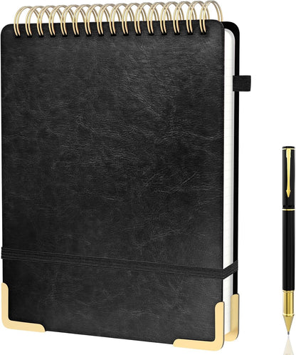 A5 Top Spiral Notebook, Large Leather Hardcover Top Bound Steno Pads, 240 Pages 100 gsm Thick Lined Paper Left Handed Notebook Journal for Work, School, Meeting Writing - Brown, 5.9" x 8.5"