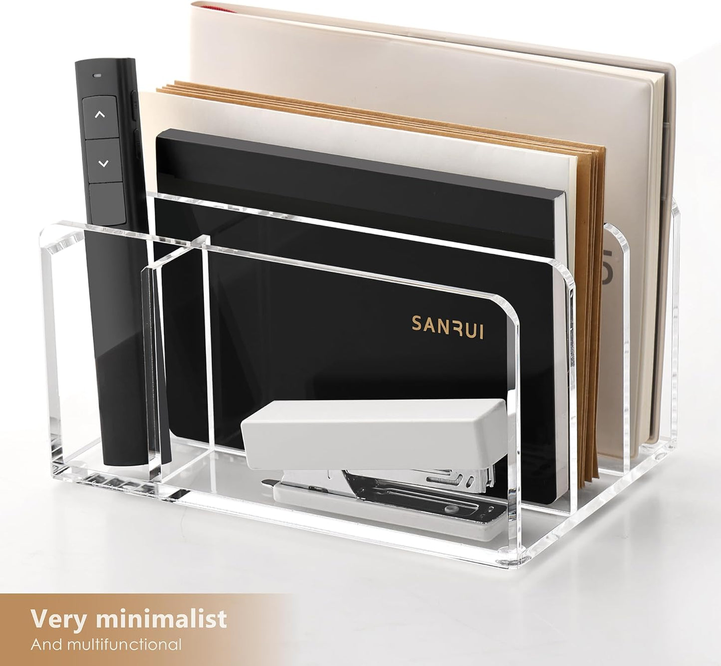SANRUI 5 Compartments Acrylic Mail Sorter Holder, Clear Document Magazine Envelope File Rack, Vertical Letter Sorter & Multifunction Desk Organizer for Bills, Documents, Notebooks