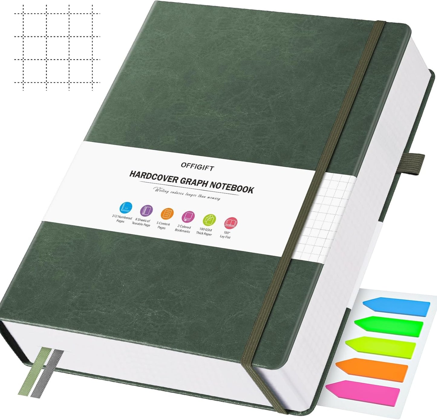 Graph Paper Notebook, 312 Numbered Pages B5 Hardcover Leather Journal, 100gsm No Bleed Grid Paper Notebook with Index Pages, Grid Notebook for Graphing Notes Math, 7.6'' X 10'', Black