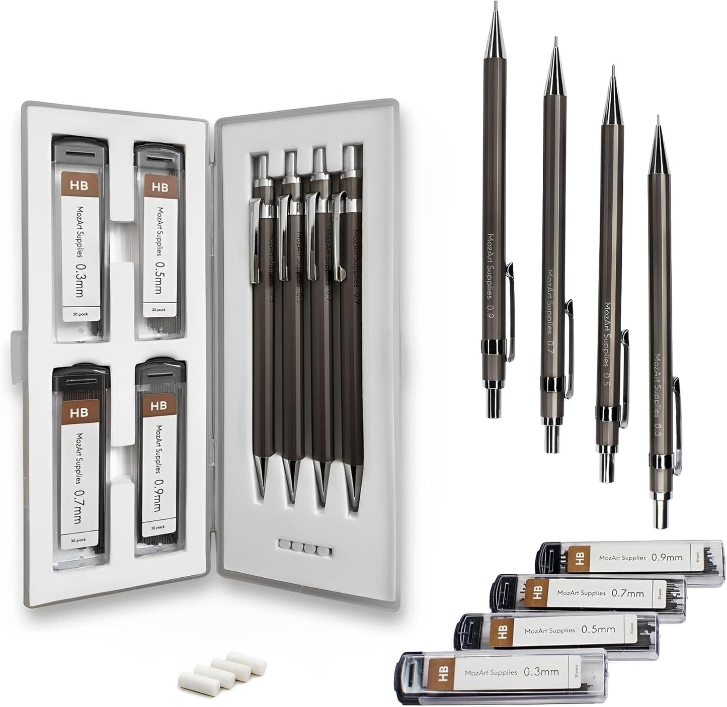 Mozart Essential Set of Lead Refills - 4 Sizes: 0.3, 0.5, 0.7 & 0.9 mm with 100 HB Lead Refills for Each - for Sketch, Architecture, Drafting, Art, Drawing Supplies, Metal Mechanical Pencils