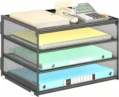Lavatino 3-Tier Letter Tray Desk Organizer, Mesh Metal Paper File Tray Organizer for Desk, Office Supplies & Home Organization, Fits A4 Paper, Mail, Magazines & Office Accessories (Black with Handle)
