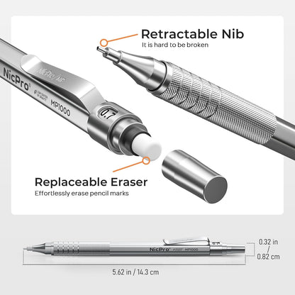 Nicpro Black Art Mechanical Pencil Set, 5PCS Metal Drafting Pencils 0.3, 0.5, 0.7, 0.9 mm & 2mm Graphite Lead Holder For Sketching Drawing With 9 Tubes (4B 2B HB 2H Colors) Lead Refills Erasers Case