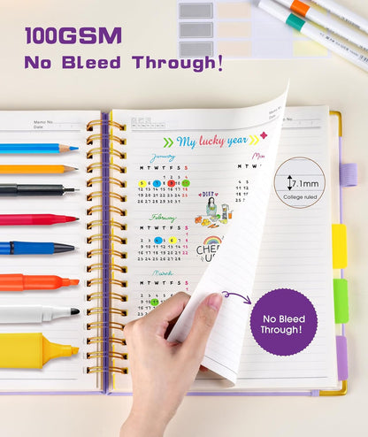 Hardcover Spiral Notebook Journal with Removable Dividers Tabs, 300 Pages Leather 5 Subject Notebook College Ruled, 8"x10" Large B5 Notebooks for Work School Note taking, Lined Journal for Women, Pink