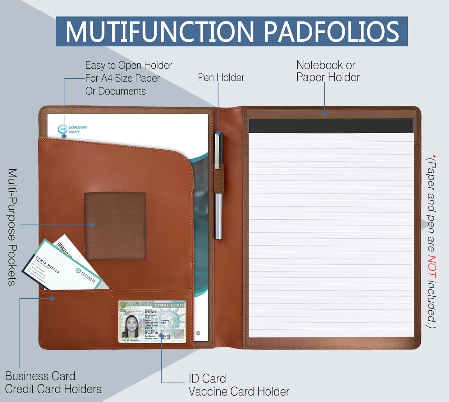 Padfolio Portfolio Organizer Legal Pad Holder Padfolio Folder Leather Portfolio Storage Clipboard Notepad with Cover for Letter Size A4 Writing Pad for Business and School Office