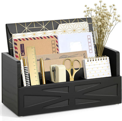 Rustic Wood Mail Organizer Countertop with 4 Slots, Black Mail Holder for Desk, Removable Dividers Mail Sorter, Letter Bill File Organizer for Home Office Classroom, Desktop Organizer with Free Labels